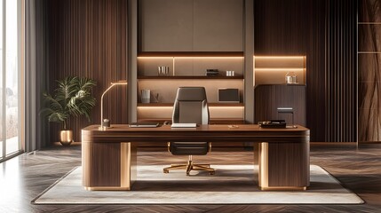 Poster - A luxurious indoor office setup with a high-end wooden desk, soft ambient lighting, and gold accents, creating a comfortable and minimal work environment, photographed in portrait composition.