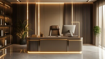 Aufkleber - A luxurious indoor office with a clean desk, soft lighting, and gold accents, creating a comfortable and minimal work environment, photographed in portrait composition.