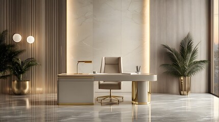 Aufkleber - A luxurious indoor office with a clean desk, soft lighting, and gold accents, creating a comfortable and minimal work environment, photographed in portrait composition.