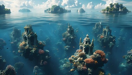 Mystical ocean realm with floating islands, vibrant sea creatures, coral-covered palaces, and enchanting sunken ruins