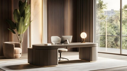Aufkleber - A luxurious workspace with clean lines, plush seating, and a high-end desk, designed for a comfortable and minimal indoor environment, photographed in portrait composition.