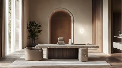 Aufkleber - A luxurious workspace with clean lines, plush seating, and a high-end desk, designed for a comfortable and minimal indoor environment, photographed in portrait composition.