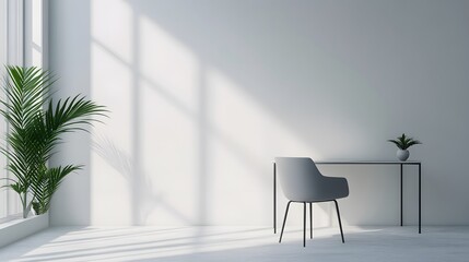 Poster - A minimalist office corner with a single chair, bare desk, and a plant, creating a calming and functional indoor workspace, captured in portrait.
