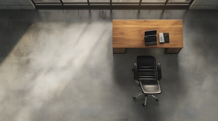 Aufkleber - A minimalist office with nothing but a desk and a chair against a blank wall, creating an empty but functional workspace, captured from above.