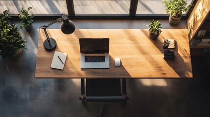 Poster - A birds-eye view of a workspace with a wooden desk, a small lamp, and nothing else, emphasizing minimalism in the indoor environment.