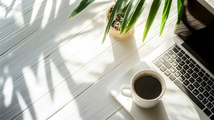 Poster - An overhead shot of a simple workspace with a laptop and a cup of coffee, set in a bright, indoor environment to enhance its minimal look.