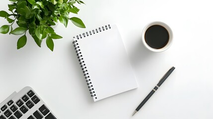 Poster - A portrait photo of a desk with only a single notepad and a pen, with a white background, creating a calm and uncluttered workspace.