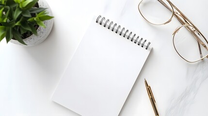 Poster - A portrait photo of a desk with only a single notepad and a pen, with a white background, creating a calm and uncluttered workspace.