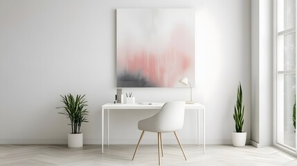 Poster - A portrait shot of a minimal office corner with a white desk, one chair, and a single painting on the wall, creating a peaceful and organized space.