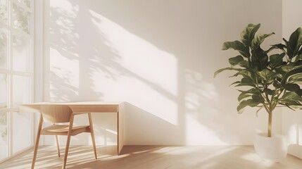 Poster - A bright indoor workspace with a single desk and chair, and nothing else in the room, creating an airy and minimal environment, captured from a birds-eye view.