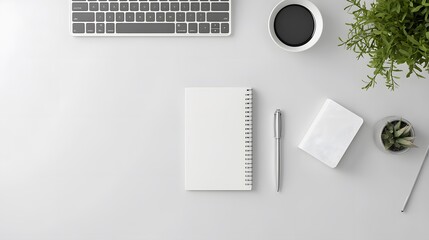 Poster - A simple, modern workspace with nothing but a notebook and a pen on the desk, photographed from a birds-eye perspective to emphasize the minimalism.