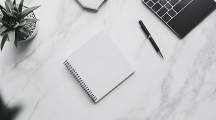 Poster - A simple, modern workspace with nothing but a notebook and a pen on the desk, photographed from a birds-eye perspective to emphasize the minimalism.