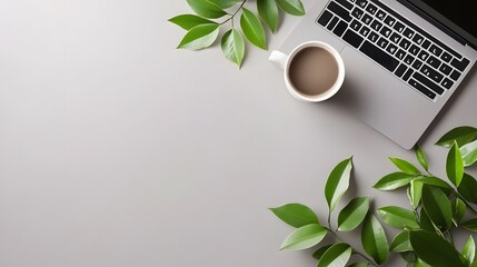 Poster - An overhead view of a simple workspace featuring a laptop and a coffee cup, set against a plain backdrop to emphasize its calm and functional design.