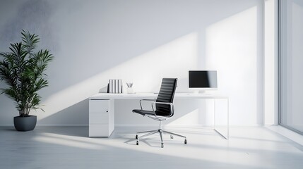 Poster - A minimalist office with a white desk and a black chair, creating a stark, clean look in an indoor space, photographed in portrait format.
