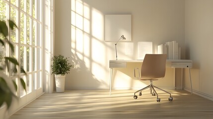 Aufkleber - A sleek indoor workspace with a single desk, a minimalist chair, and natural lighting, photographed in portrait to capture the clean, serene atmosphere.