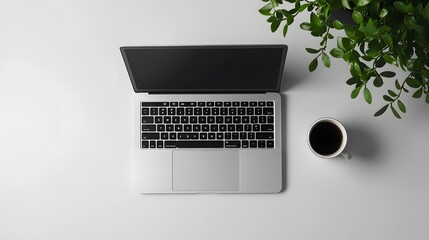 Poster - An overhead view of a simple workspace featuring a laptop and a coffee cup, set against a plain backdrop to emphasize its calm and functional design.