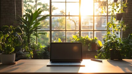 Poster - A portrait photo of a clean, uncluttered workspace with a single laptop and a pen, set in a minimalist indoor office with bright lighting.