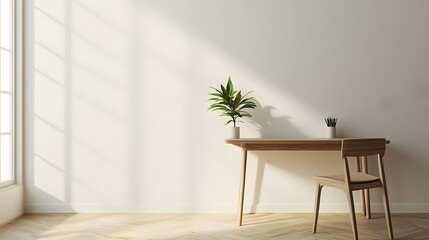 Poster - A portrait photo of a calm, minimalist workspace with a sleek desk and a small plant, providing a serene and productive indoor environment.