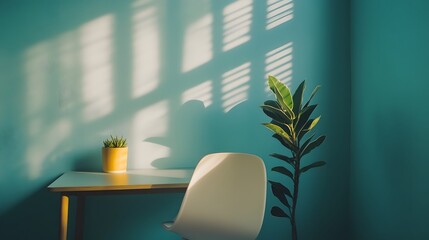 Poster - A portrait photo of a calm, minimalist workspace with a sleek desk and a small plant, providing a serene and productive indoor environment.