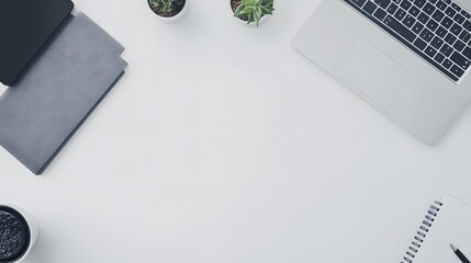 Aufkleber - A birds-eye view of a simple desk setup with a notebook, a pen, and a laptop, creating a clean and organized workspace with minimal distractions.