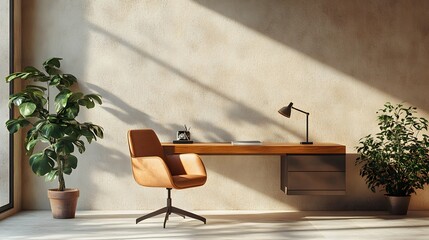 Poster - A simple indoor office with a single wooden desk, a chair, and a potted plant in the corner, creating a calm and minimal environment, photographed in portrait composition.