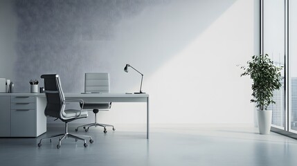 Aufkleber - A calm and minimal indoor office setup with just a desk, chair, and lamp, arranged in a clean and spacious environment, captured in portrait composition.