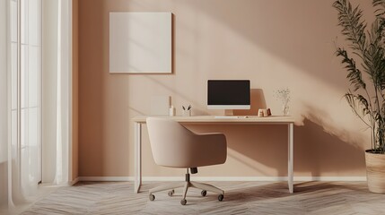 Poster - A bare-bones indoor workspace featuring a single desk and chair, with clean lines and minimal decor, creating a focused and uncluttered atmosphere, photographed in portrait composition.