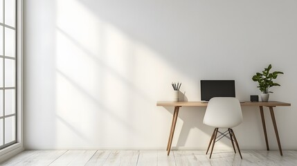 Aufkleber - A minimalist indoor workspace with a single chair, desk, and laptop, set against a white wall with no additional decor, evoking a sense of calm and order, viewed from a birds-eye perspective.