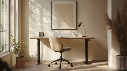 Poster - A bare-bones indoor workspace featuring a single desk and chair, with clean lines and minimal decor, creating a focused and uncluttered atmosphere, photographed in portrait composition.