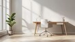 © cynz - A workspace with minimalistic design indoors, featuring a plain wooden desk, a white office chair, and a potted plant, photographed in portrait.