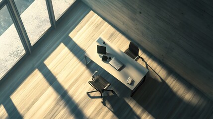 Poster - A quiet and minimal workspace indoors, featuring an empty desk and a single chair in front of a large window, with natural light filling the space, viewed from a birds-eye perspective.