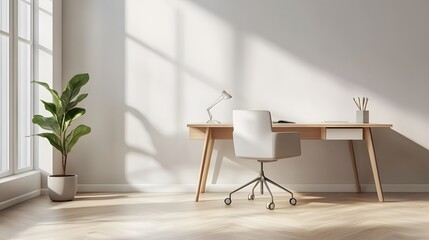 Poster - A workspace with minimalistic design indoors, featuring a plain wooden desk, a white office chair, and a potted plant, photographed in portrait.