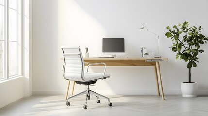 Poster - A workspace with minimalistic design indoors, featuring a plain wooden desk, a white office chair, and a potted plant, photographed in portrait.