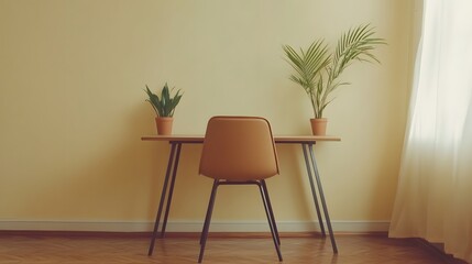 Poster - A minimalist workspace indoors, featuring an uncluttered desk, one chair, and a small plant, creating a calm, focused environment, photographed in portrait composition.