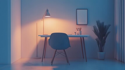 Poster - A minimal office setup indoors with a plain white desk, a gray chair, and soft lighting from a floor lamp, captured in portrait orientation.