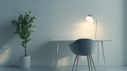 Poster - A minimal office setup indoors with a plain white desk, a gray chair, and soft lighting from a floor lamp, captured in portrait orientation.