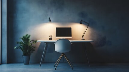 Poster - A minimalist workspace indoors with a sleek desk, simple chair, and soft lighting, evoking a calm and clean atmosphere, captured in portrait composition.