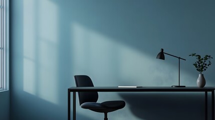 Aufkleber - A minimalist office design with a sleek desk and minimal clutter, featuring a single chair and lamp in a calm indoor space, captured in portrait.