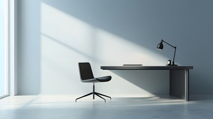 Aufkleber - A minimalist office design with a sleek desk and minimal clutter, featuring a single chair and lamp in a calm indoor space, captured in portrait.