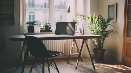 Poster - A minimalistic workspace indoors with a plain desk, simple chair, and soft natural lighting streaming through a window, creating a calm atmosphere, captured in portrait.