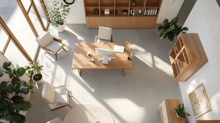 Aufkleber - A random collection of simple furniture in an indoor office, with clean lines and minimal decor, creating an artistic, uncluttered workspace, viewed from a birds-eye perspective.