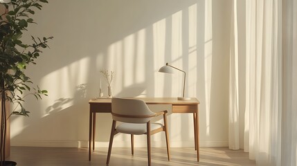 Poster - A minimalistic desk setup with a sleek chair and lamp, surrounded by soft natural light, in a clean indoor space, captured in portrait composition.