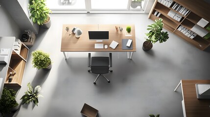 Aufkleber - A random collection of simple furniture in an indoor office, with clean lines and minimal decor, creating an artistic, uncluttered workspace, viewed from a birds-eye perspective.