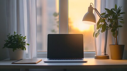 Poster - A minimalist desk setup indoors with a laptop, notebook, and one lamp, surrounded by soft natural light, creating a calm work environment, captured in portrait.