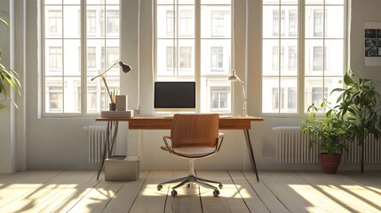 Poster - A clean, minimalist workspace with a single wooden desk, a comfortable chair, and natural light streaming through large windows, captured in portrait.