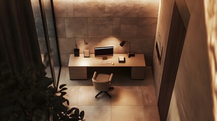 Poster - A minimalist indoor workspace with neutral tones, a modern desk, and soft, warm lighting, viewed from a birds-eye angle to create a calm atmosphere.