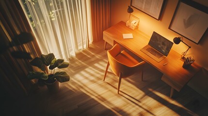 Poster - A warm, minimalist workspace indoors with a simple desk setup, warm-toned lighting, and minimal decor, viewed from a birds-eye perspective.