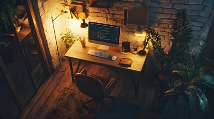Poster - A warm, minimalist workspace indoors with a simple desk setup, warm-toned lighting, and minimal decor, viewed from a birds-eye perspective.