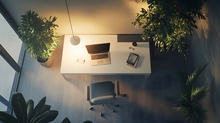 Poster - A chill minimalist office design with neutral colors, a clean desk, and soft ambient lighting, viewed from a birds-eye perspective.
