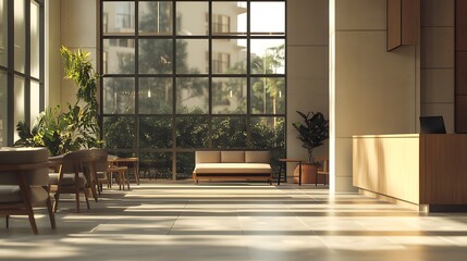 Aufkleber - A workspace with clean lines, warm tones, and minimalist furniture, creating a calm, inviting indoor environment, captured in portrait composition.